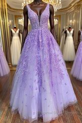 Deep V Neck Purple Lace Long Semi Formal Prom Dresses, Purple Lace Formal Dresses, Purple Evening Dresses